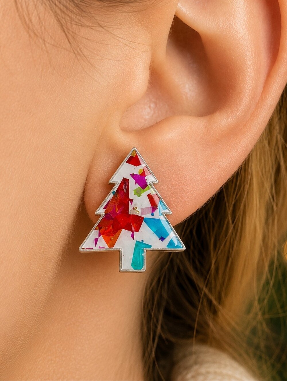 MODCLOTH ACRYLIC MULTI FOIL CHRISTMAS TREE EARRINGS